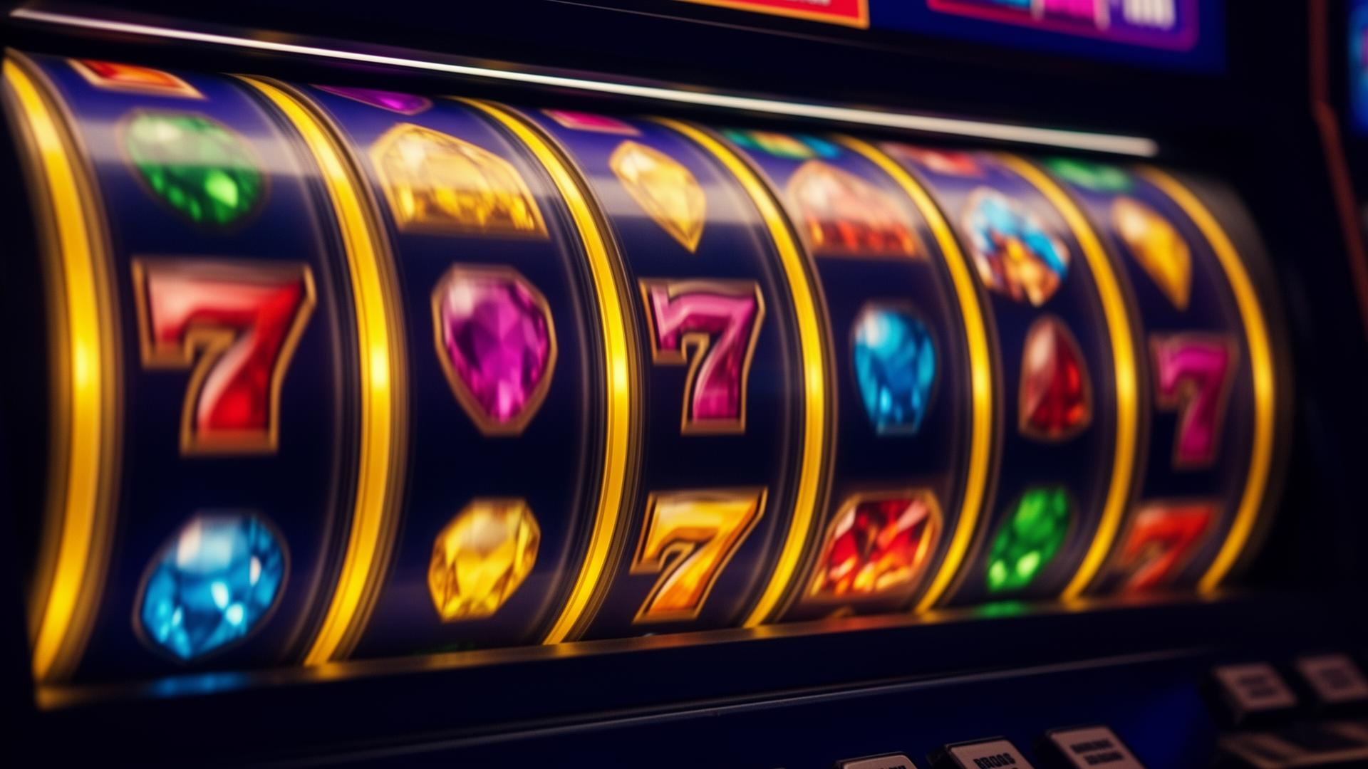 Slot machine reels mid spin with jewel symbols and golden trim