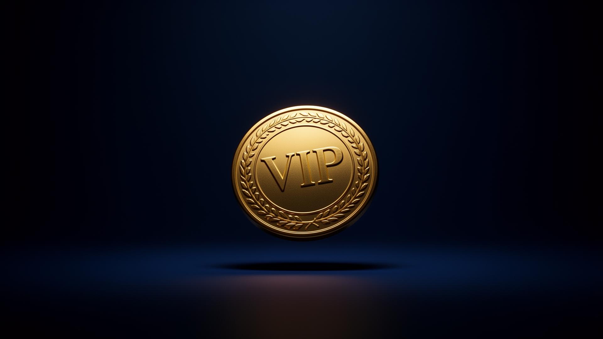 Polished gold VIP medallion floating in deep navy space