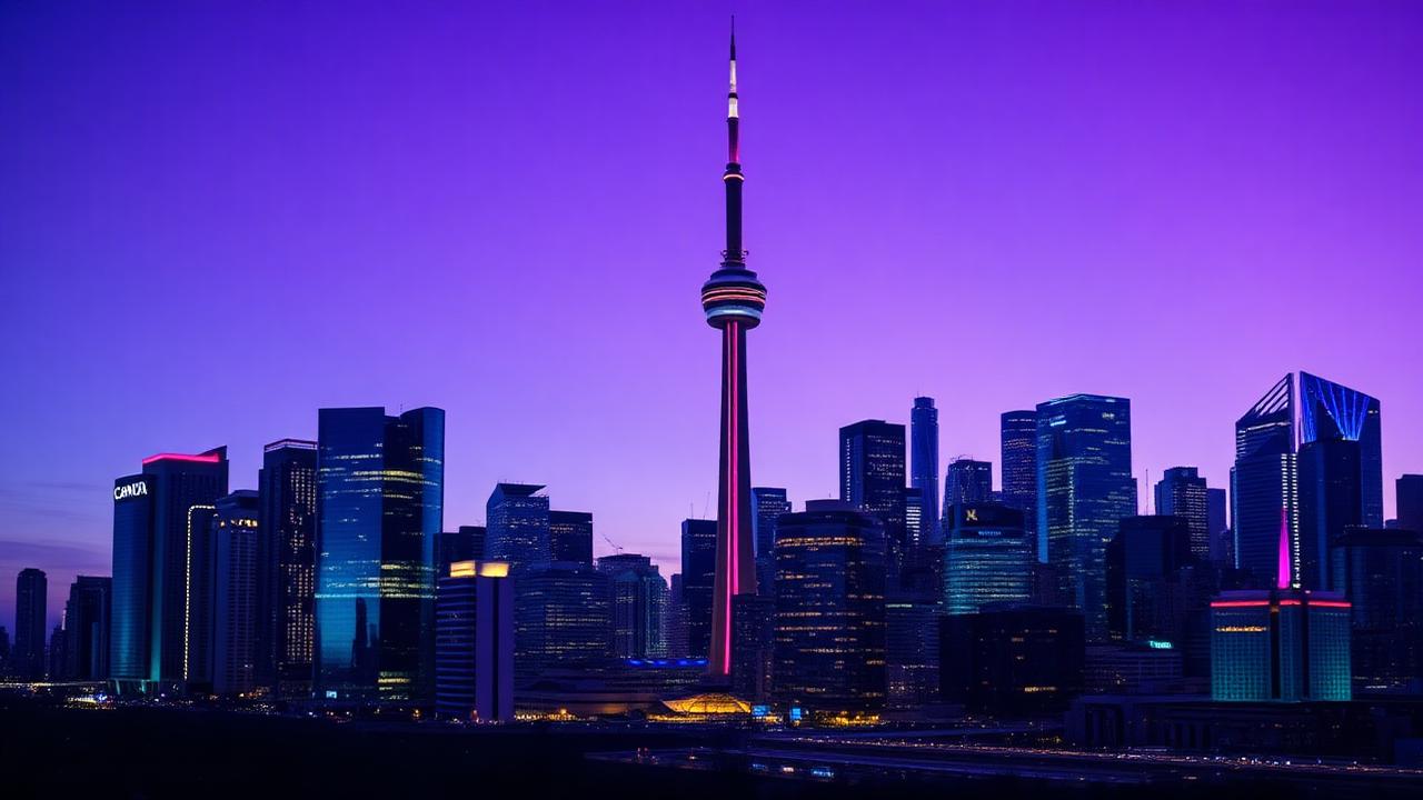 Canadian downtown skyline at dusk with glass office towers and faint coloured light reflections